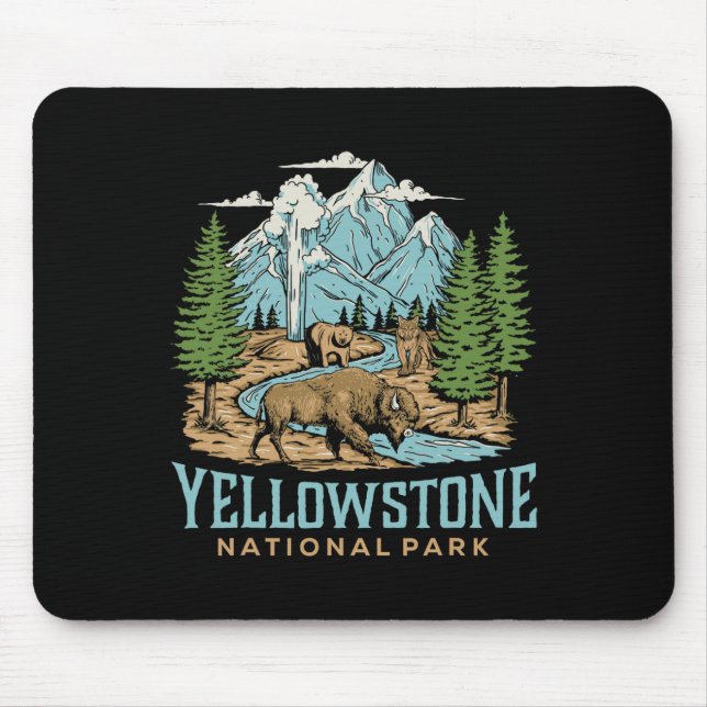 Yellowstone Us National Park Wolf Bison Bear Vinta Mouse Pad (Front)