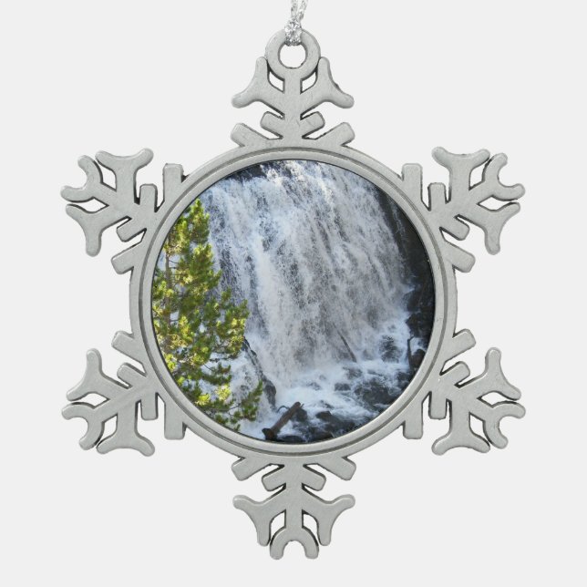 Yellowstone Waterfall Snowflake Pewter Christmas Ornament (Front)