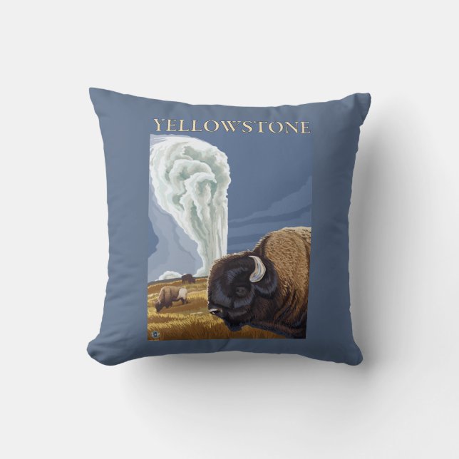 YellowstoneBison with Old Faithful Throw Pillow (Front)