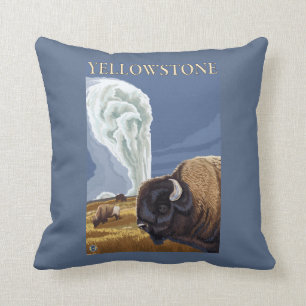 YellowstoneBison with Old Faithful Throw Pillow