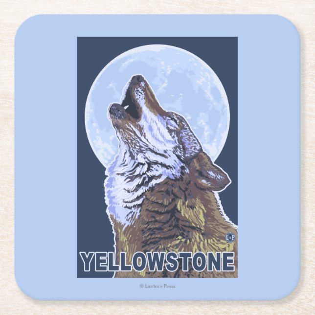 YellowstoneHowling Wolf Square Paper Coaster (Front)