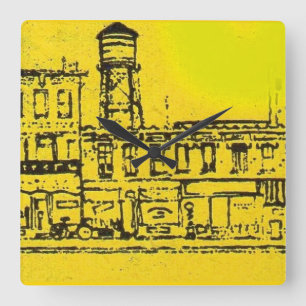 Yellowville houses and homes and water tower square wall clock