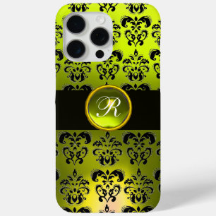 YELOW BLACK DAMASK GEM STONE MONOGRAM iPhone 15 PRO MAX CASE