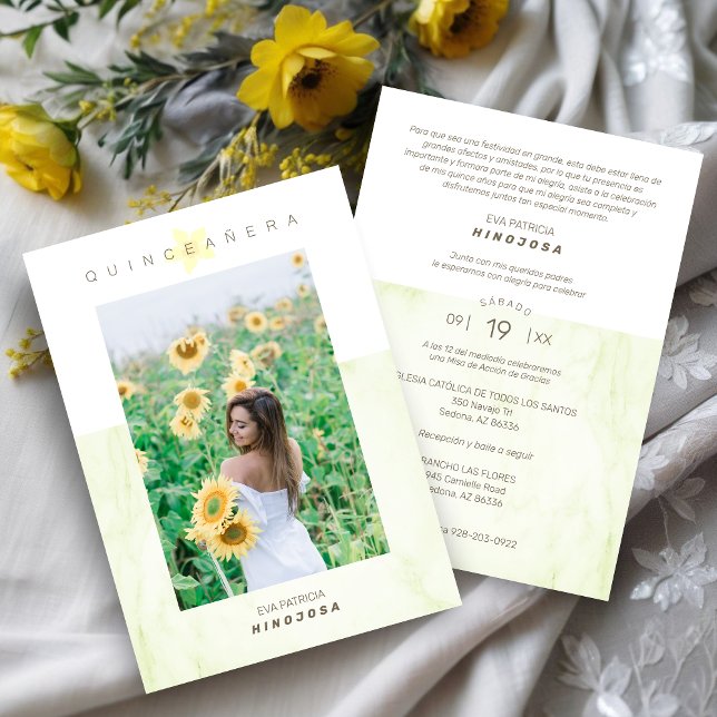 Yelow Marble Effect Romantic Photo Quinceañerank Invitation (Spanish Yellow Marble Effect Romantic Photo Quinceañera Invitation Card.)