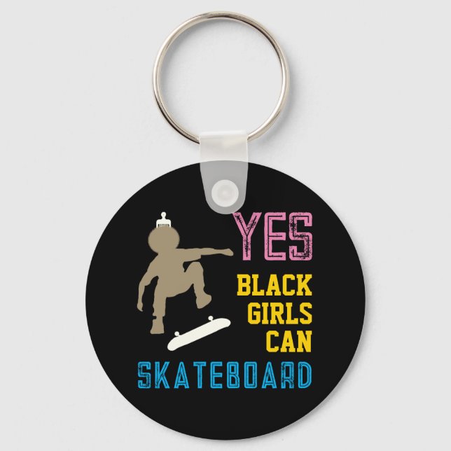 YES GIRLS CAN SKATEBOARD Retro Afro Skater Girl Keychain (Back)