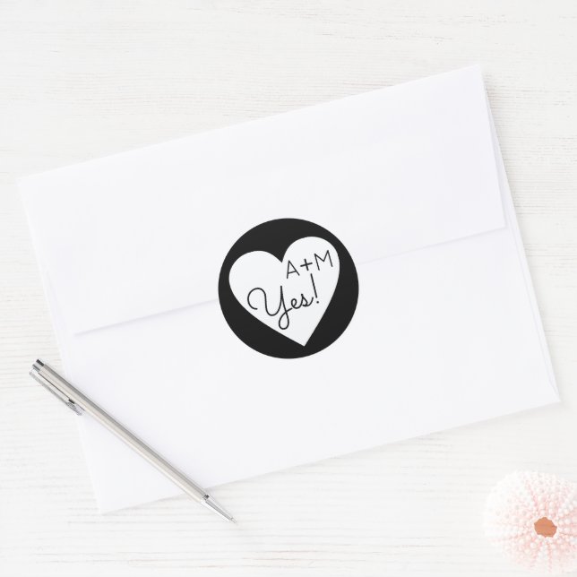Yes! heart of love + bride&groom initials wedding  classic round sticker (Envelope)