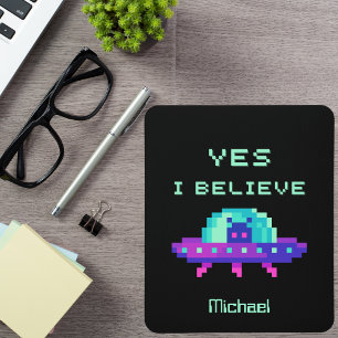 Yes I Believe Alien Flying UFO Spaceship Pixel Art Mouse Pad