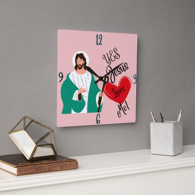 "Yes, Jesus Loves Me" Pink Square Clock (Office)