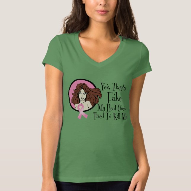 Yes They Are Fake Brunette Breast Cancer Survivor T-Shirt (Front)