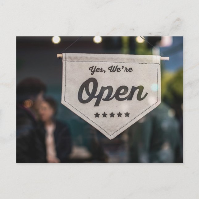 Yes, We are Open Sign Typographic Image Word Text Postcard (Front)