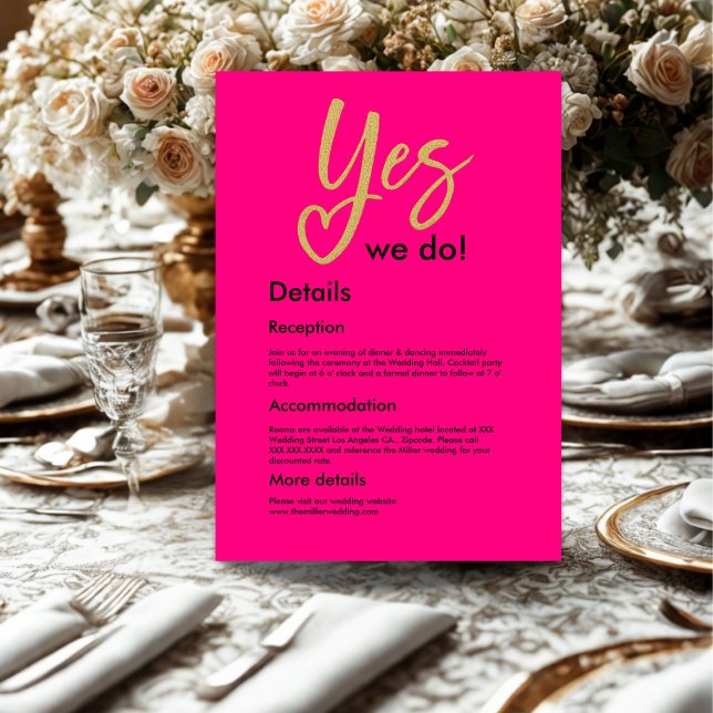 Yes We Do Hot Pink Gold Wedding  Enclosure Card (Creator Uploaded)