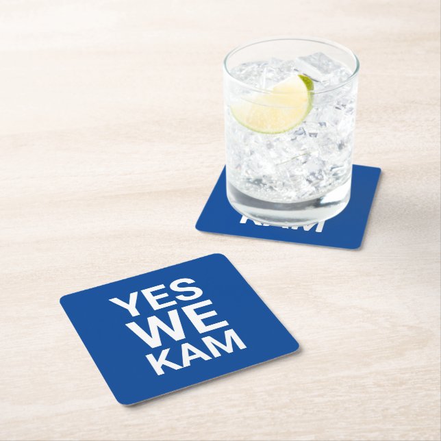 Yes We Kam funny modern typography white blue Square Paper Coaster (Insitu)