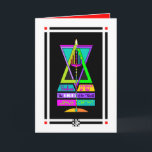 Yeshua, the Light of the world, Jesus Christ card<br><div class="desc">The central branch of this colourful Menorrah, the Shamash, is the "Servant" candle and represents Jesus Christ, Yeshua, Messiah, the Light of the World. The other 6 candles lean in/point toward Yeshua. The Cross is within the menorah's central flame; the menorah incorporated with the colourful Star of David. This item...</div>