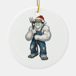 Yeti Abominable Snowman Farmer Funny Holiday Farm  Ceramic Ornament