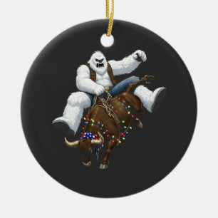 Yeti Bull Rider Santa Western Rodeo Christmas Ceramic Ornament