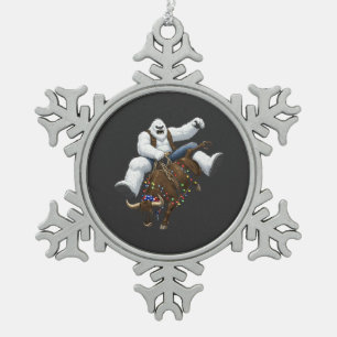 Yeti Bull Rider Santa Western Rodeo Christmas  Snowflake Pewter Christmas Ornament