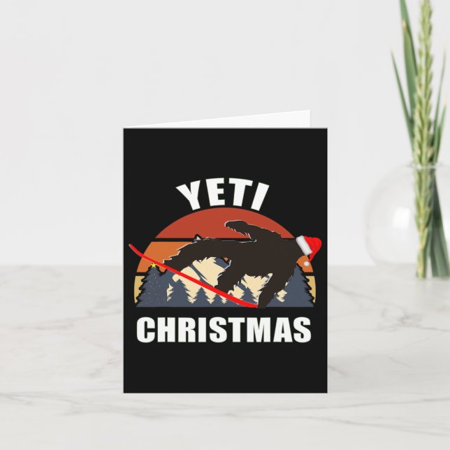 Yeti Christmas - Bigfoot Snowboarding Wearing Red  Card (Front)