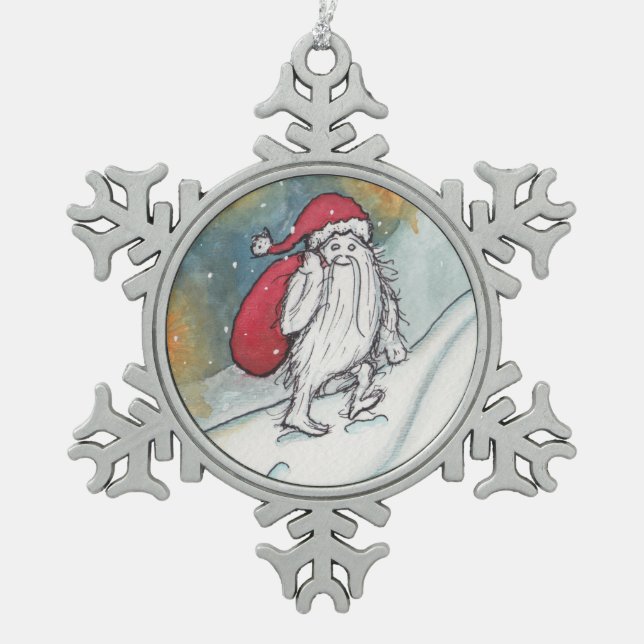 Yeti Santa Snowflake Pewter Christmas Ornament (Front)