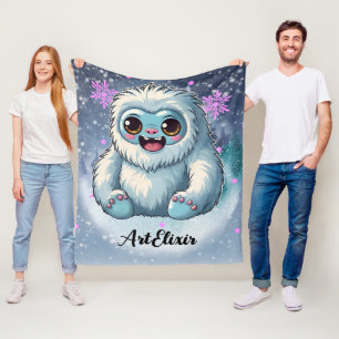 Yeti Sitting Kawaii Snowflakes Print Fleece Blanket