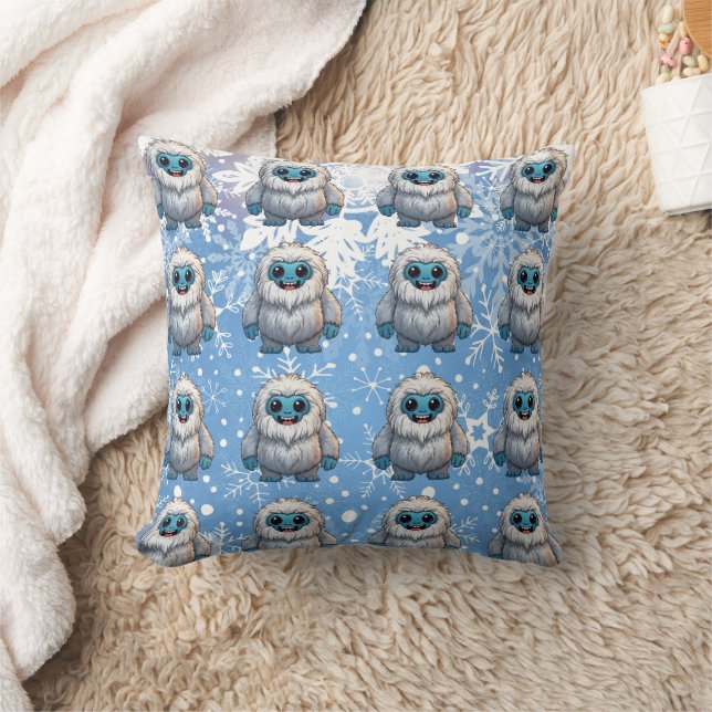 Yeti Standing Cute Kawaii Snowflakes Pattern Throw Pillow (Blanket)