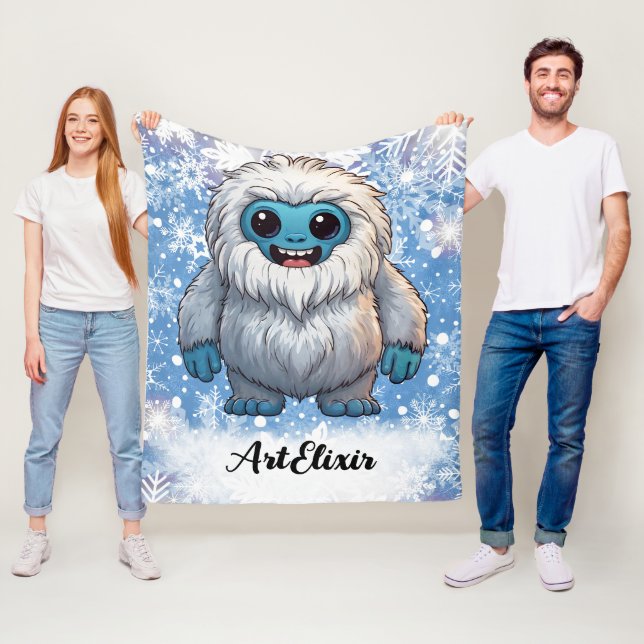 Yeti Standing Cute Kawaii Snowflakes Print Fleece Blanket (In Situ)