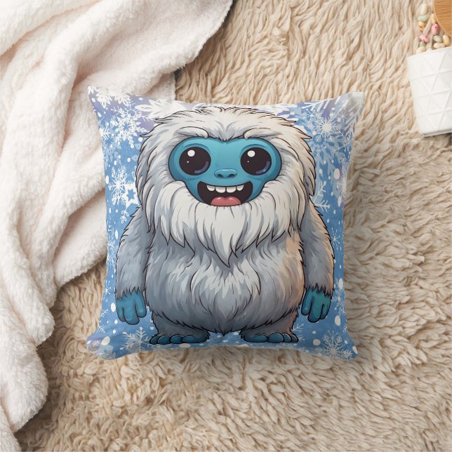 Yeti Standing Cute Kawaii Snowflakes  Throw Pillow (Blanket)