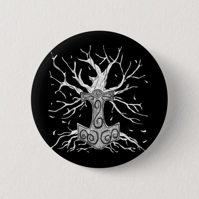 Yggdrasil, the Tree  of Nine Worlds, and  Mjolnir 2 Inch Round Button (Front)
