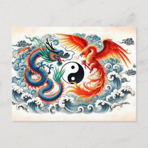 Yin and Yang Dragon and Phoenix in Asian Art Style Postcard