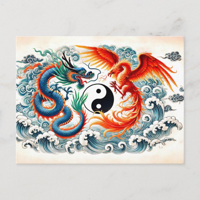 Yin and Yang Dragon and Phoenix in Asian Art Style Postcard (Front)