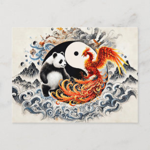 Yin and Yang Panda and Phoenix in Asian Art Style Postcard