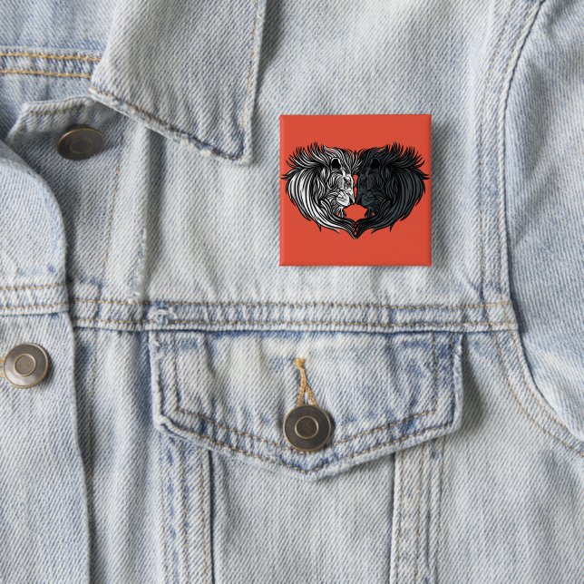 Yin Yang Animal Art, Battle of Lions 2 Inch Square Button (In Situ)