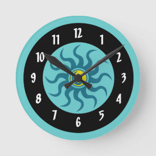 Yin-Yang Aztec Sun/Aqua and Black Circles Round Clock