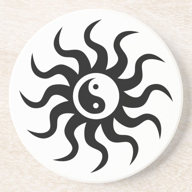 Yin-Yang Aztec Sun-Black/White Coaster (Front)