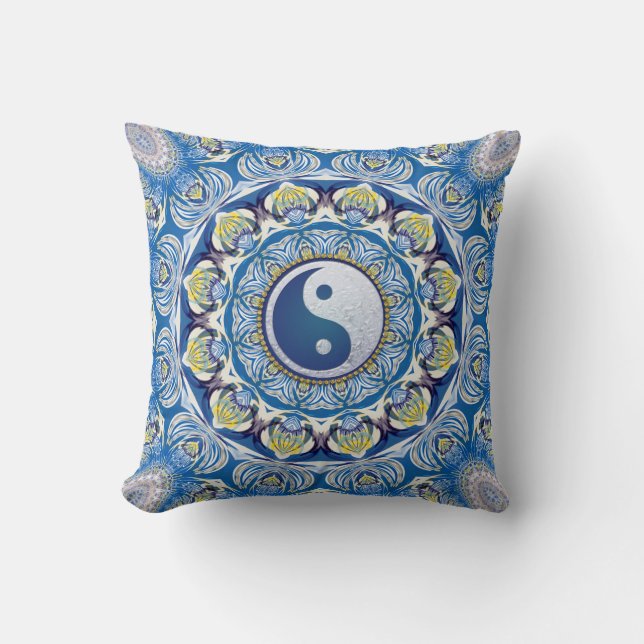 Yin Yang Balance Life Blue Yellow Mandala Throw Pillow (Front)