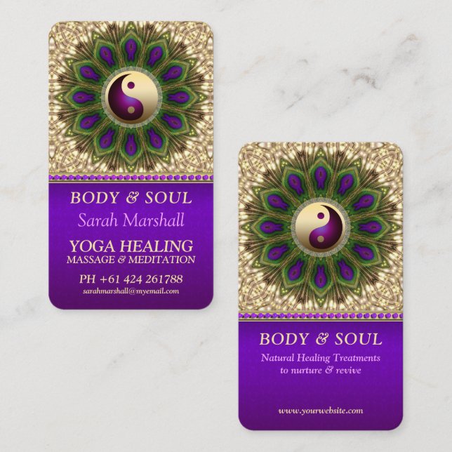 Yin Yang Balance Purple Green Peacock Mandala Business Card (Front/Back)
