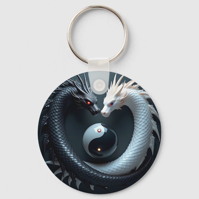 Yin Yang Black and White Dragons Keychain (Front)