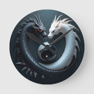 Yin Yang Black and White Dragons Round Clock