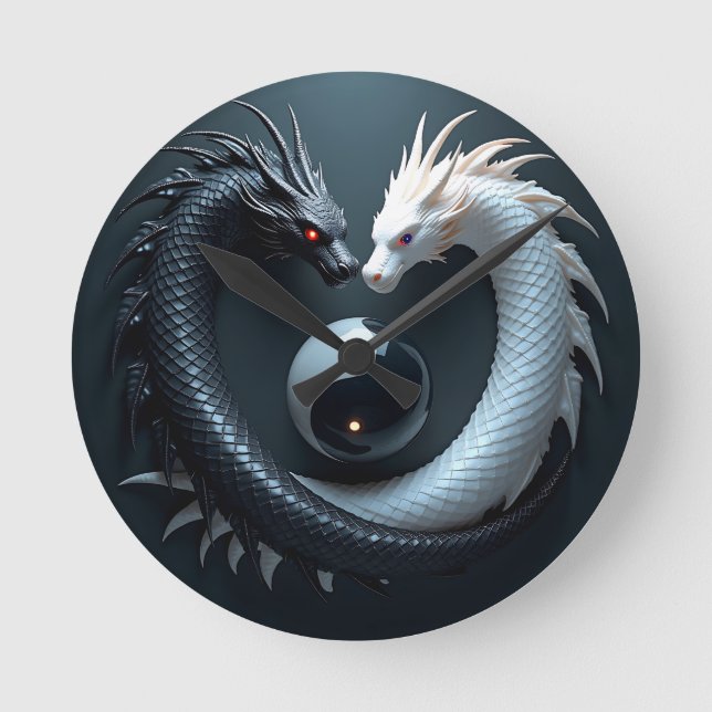 Yin Yang Black and White Dragons Round Clock (Front)