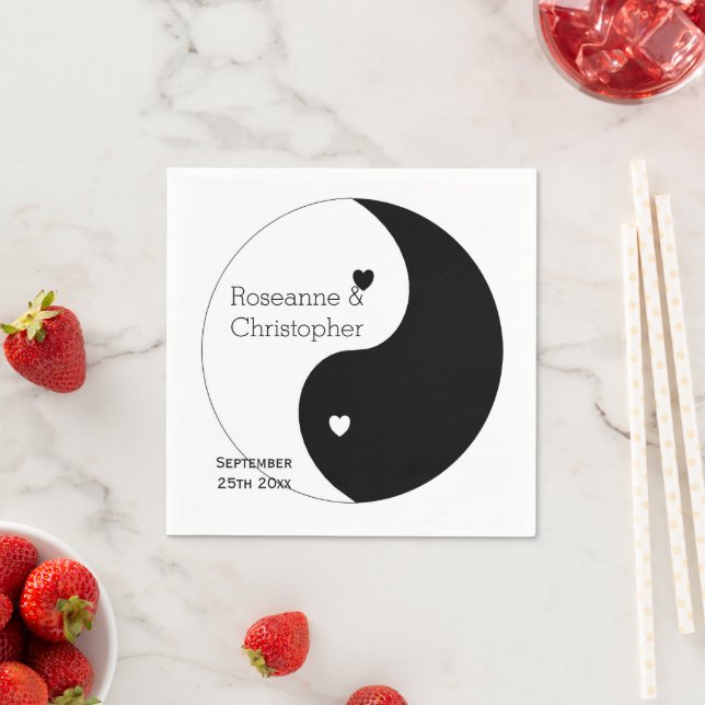 Yin Yang Black And White Hearts Design Wedding Napkin (Insitu)