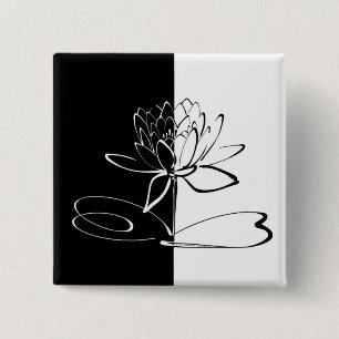 Yin Yang Black White Lotus Blossom 2 Inch Square Button