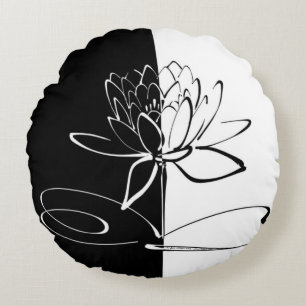 Yin Yang Black White Lotus Blossom Round Pillow