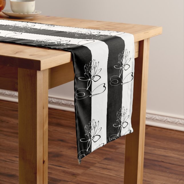 Yin Yang Black White Lotus Blossom Short Table Runner (In Situ)