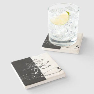 Yin Yang Black White Lotus Blossom Stone Coaster