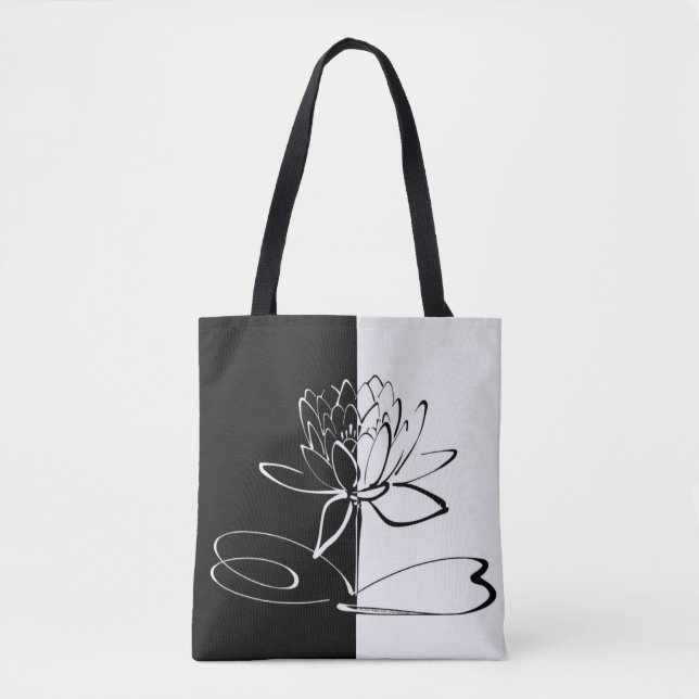 Yin Yang Black White Lotus Blossom Tote Bag (Front)