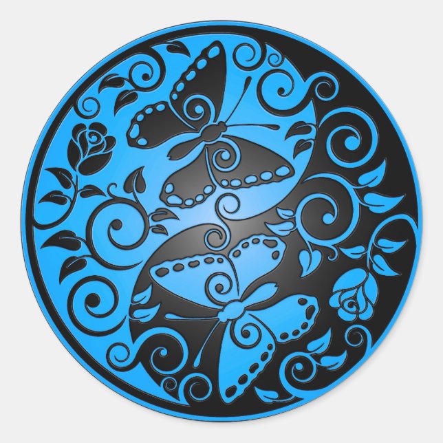 Yin Yang Butterflies, blue & black Classic Round Sticker (Front)