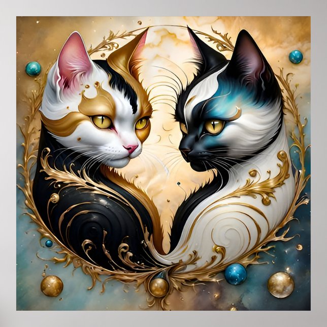 Yin-Yang Cats with Magical Cosmic Elements Poster (Front)