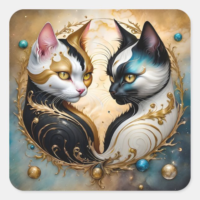 Yin-Yang Cats with Magical Cosmic Elements Square Sticker (Front)