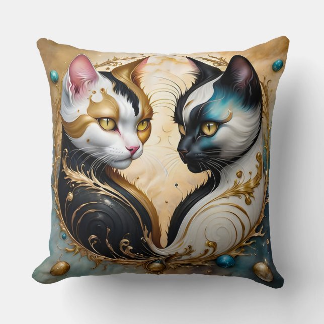 Yin-Yang Cats with Magical Cosmic Elements Throw Pillow (Front)