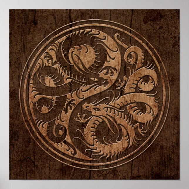 Yin Yang Chinese Dragons with Wood Grain Effect Poster (Front)