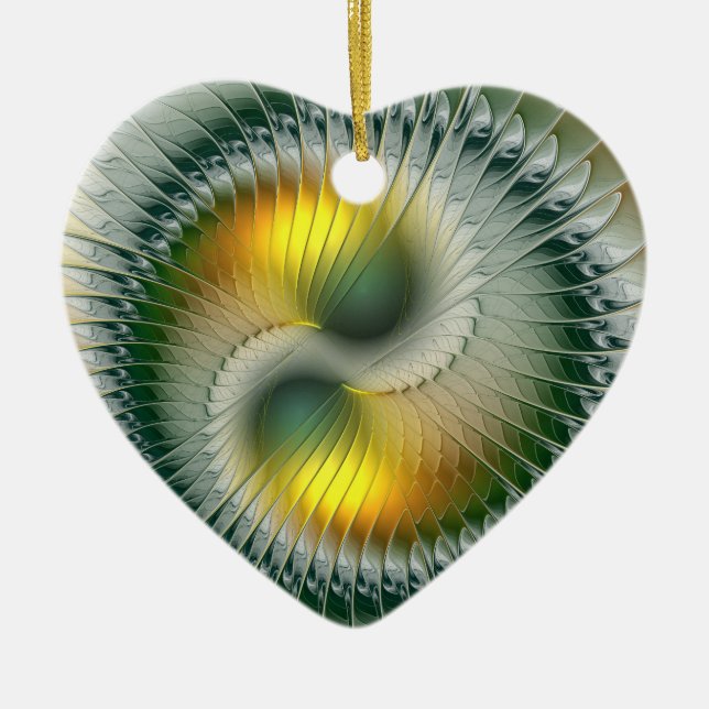 Yin Yang Christmas Colors Abstract Fractal Heart Ceramic Ornament (Front)